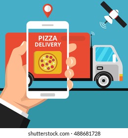 Concept of the fast pizza delivery service. Online order. Flat vector illustration.