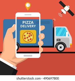 Concept of the fast pizza delivery service. Online order. Flat vector illustration.