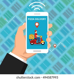 Concept of the fast pizza delivery service. Hand holding smartphone with scooter or motorbike on the screen. Flat vector illustration.