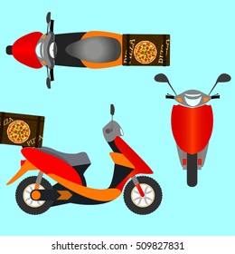 Concept of the fast pizza delivery service on scooter or motorbike. Scooter vector icon. Illustration of a colorful scooter