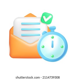 El concepto de envío postal rápido, comunicación web en línea. Abrir sobre con una letra o documento y un temporizador, ilustraciones vectoriales en el estilo 3d de dibujos animados para el diseño UX de la interfaz de usuario.