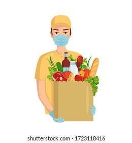 Concept of fast safe delivery of a grocery bag with  courier from the supermarket. Flat vector illustration