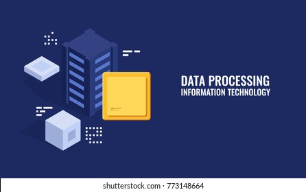 Concept of fast server service, server room, computer processor, modern data center concept, isometric flat vector illustration