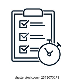 Concept fast services, checklist and stopwatch, procrastination and efficiency, project management, short survey. Vector linear icon isolated on white background.