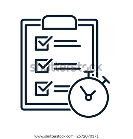 Concept fast services, checklist and stopwatch, procrastination and efficiency, project management, short survey. Vector linear icon isolated on white background.