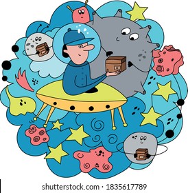 Concept of fastest delivery. Young man, courier, in flat cartoon style, flies in a spaceship with parcel. Shipping cargo to space. Vector illustration. Doodle illustration.