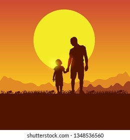 Concept of father and son camping. Summer travel with a child. Silhouette of people on the sun background. Spring family picnic trip. Nature, mountains, hills and sunset.