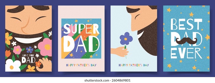 Concept of Fathers Day cards. Cute vector illustrations with smiling fathers, flowers in beard, child palms and typography design. Father's Day posters for holiday events, cover, banner, social media.