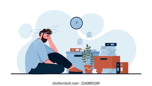 Concept of fatigue and emotional overload. Tired man with paper. Sadness male sitting in office on floor around pile of documents. Monotonous and routine work. Cartoon flat vector illustration.