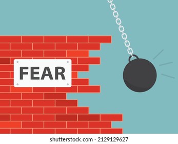 concept of fear, destructive impact of worrying, overcoming anxiety, brick wall wrecking- vector illustration