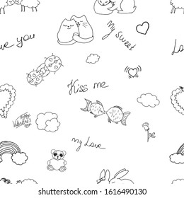 Concept February 14, Valentine's Day. endless black and white pattern vector image kissing cute hand-drawn in love animal cats, fish, caterpillar, bear with heart, inscriptions of love, clouds rainbow