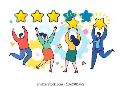 Concepto de evaluación, nivel de satisfacción y crítica de clientes o consumidores de comentarios. Cinco estrellas calificando el estilo plano. La gente está sosteniendo estrellas sobre la cabeza.