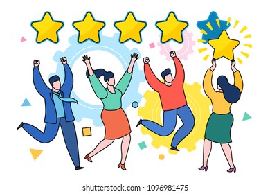 Concept of Feedback consumer or customer review evaluation, satisfaction level and critic. Five stars rating flat style. Woman is holding star over her head. Flat design, vector illustration.