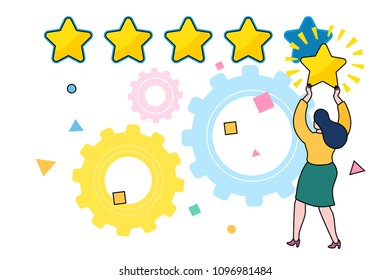 Concept of Feedback consumer or customer review evaluation, satisfaction level and critic. Five stars rating flat style. Woman is holding star over her head. Flat design, vector illustration.