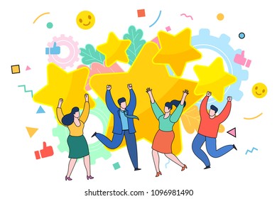 Concept of Feedback consumer or customer review evaluation, satisfaction level and critic. Five stars rating flat style. People jump and are happy. Flat design, vector illustration.