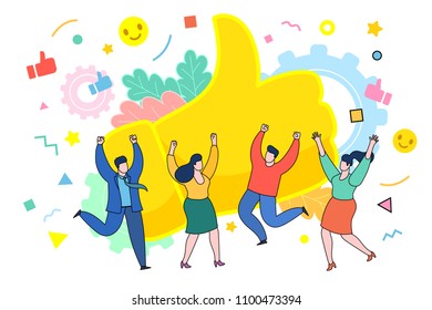 Concept of Feedback consumer or customer review evaluation, satisfaction level and critic. Five stars rating flat style. People jump and are happy. Flat design, vector illustration.
