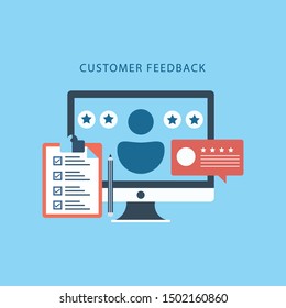 Concept of feedback. Customer review communication. Rating stars, positive and negative comments in chat speeches bubble. Flat design, vector illustration