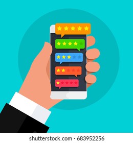 Concept of feedback. Customer review communication. Rating stars, positive and negative comments in chat speeches bubble. Flat design, vector illustration.