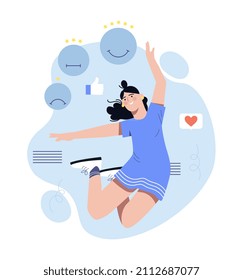 Concept Of Feedback. Girl Jumping, Character Happy, Received Positive Feedback On Social Networks. Modern Technologies, Internet. Young Woman Smiling, Quality. Cartoon Flat Vector Illustration