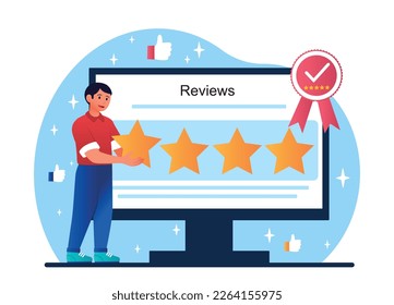 Concept of feedback. Man standing with stars on monitor screen. User opinion and feedback. Rating and ranking on Internet, modern methods of marketing and promotion. Cartoon flat vector illustration