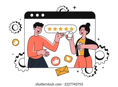 Concept of feedback. Man and woman put assessment of product or service, opinion of users and review from customers. Modern method of marketing. Poster or banner. Cartoon flat vector illustration