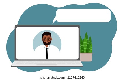 The concept of feedback, online consultation or support. Laptop with a picture of a male specialist. Vector flat illustration