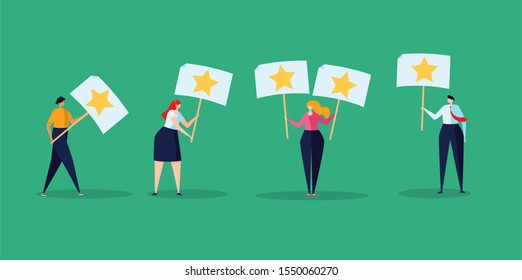 Concept of feedback, rating and success. The group of young people hold the rating stars in their hand. Vector illustration in flat design