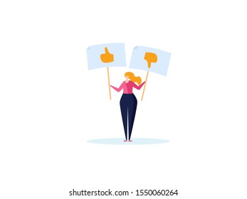 Concept of feedback, rating and success. The young woman holds the like and dislike in her hand. Vector illustration in flat design
