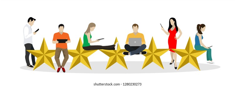 Concept of feedback, testimonials messages and notifications. Rating on customer service illustration. Five big stars with people sitting on them and giving reviews on their lap tops. Flat vector 