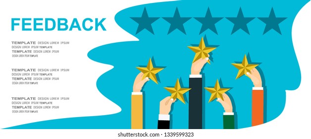 Concept of feedback, testimonials messages and notifications. Rating on customer service illustration. Five stars with hands. Flat vector.