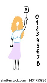 Concept of feedback, testimonials messages and notifications. Rating on customer service illustration. Girl with nameplate standing and giving reviews. Flat vector