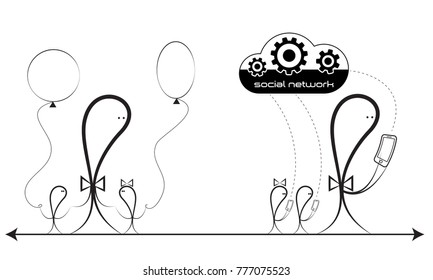 The concept, feelings: parents and children. Love and indifference to their children. Children's happiness, care and indifference of the virtual world.