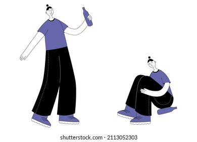 Concept female alcoholism. Girl has fun and gets drunk, and then sad. Alcohol addiction, bipolar disorder, borderline personality disorder, manic depression, mental disorder for web design.