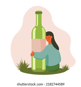 The Concept Of Female Alcoholism. The Unfortunate Woman Is Sitting On The Grass, Hugging A Bottle Of Wine. Sad Drunk Wife Or Alcoholic Mother. Social Problem, Abuse, Addiction.