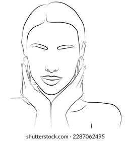 El concepto de belleza femenina, estilo minimalista. Una línea dibujando una cara femenina abstracta con una ilustración vectorial de las manos. La cara femenina estilizada en el arte moderno de una línea.