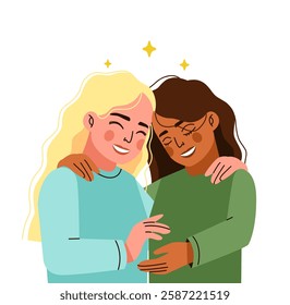 Concept female friendship. Couple women hugging, happy young girls, girlfriend embrace. friendship support, people relationship, multiethnic sisterhood. Vector cartoon flat isolated illustration