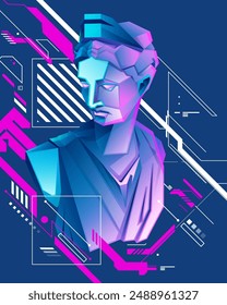 concept of feminine energy, poster design or banner of Greek Roman statue presented in pop art cyberpunk