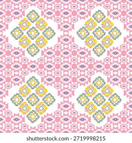 Concepto: Precisión geométrica femenina El concepto de este diseño se centra en la elegante interacción entre una compleja red de diamantes rosados y suaves motivos florales orgánicos. El fondo presenta una sofisticada rejilla geométrica "diente de sierra" y starburst en varios tonos de rosa pastel, que proporciona una profundidad estructurada a la composición. Dentro de los Grandes claros de diamantes blancos, los racimos de margaritas amarillas y coronas de hojas verdes están dispuestos en un formato de azulejo rítmico. El diseño celebra el equilibrio de líneas matemáticas afiladas y la delicada belleza de un jardín de primavera.
Tema: Folk Romántico Moderno y Shabby Chic El tema es Arte Romántico Moderno de Folk, inspirado en acolchados tradicionales y patrones textiles vintage. La paleta de alto contraste de rosa vibrante, amarillo soleado y verde fresco sobre un fondo blanco nítido crea una estética energética pero femenina. Este patrón versátil es perfectamente adecuado para la papelería romántica de la boda, el embalaje de regalo boutique, ropa de moda femenina y textiles decorativos para el hogar que requieren un toque de encanto sofisticado y artesanal.
