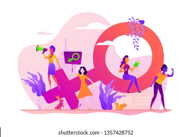 Concept of feminism, girl power, movement, female equality, equal social and civil rights. Colorful vector isolated concept illustration with tiny people and floral elements. Hero image for website.