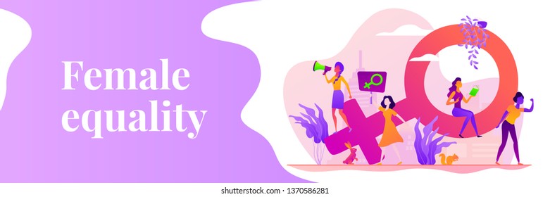 Concept of feminism, girl power, movement, female equality, equal social and civil rights. Vector banner template for social media with text copy space and infographic concept illustration.