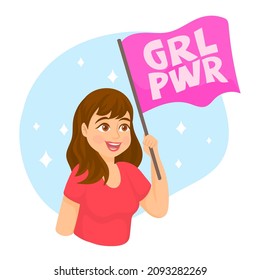 Concept feminism and the struggle for rights, woman holding a pink flag