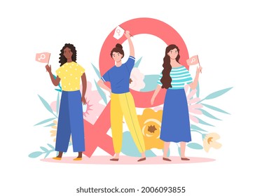 The concept of feminism. Three women hold flags in their hands against the background of a female gender sign. Equal rights for women and men. Cartoon flat vector illustration on a white background