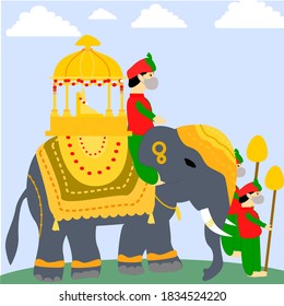 Concept Of Festival And Celebrations, Carrying Golden Howdah Or Chinnada Ambari On The Leading Elephant During TheJJamboo Savari Or Procession Of Mysuru Dussehra With Wearing Medical Face Mask.