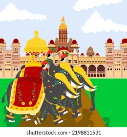 Concept Of Festival And Celebrations, Carrying Golden Howdah Or Chinnada Ambari On The Leading Elephant During The Jamboo Savari Or Procession Of Mysuru Dussehra At Mysore Palace.
