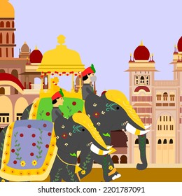 Concept Of Festival And Celebrations, Carrying Golden Howdah Or Chinnada Ambari On The Leading Elephant During The Jamboo Savari Or Procession Of Mysuru Dussehra At Mysore Palace.
