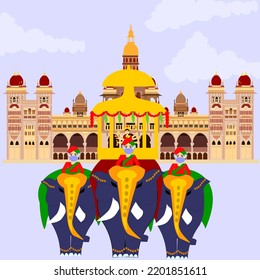 Concept Of Festival And Celebrations, Carrying Golden Howdah Or Chinnada Ambari On The Leading Elephant During The Jamboo Savari Or Procession Of Mysuru Dussehra At Mysore Palace.