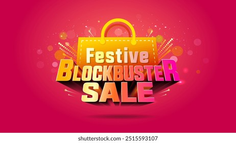 Conceito de logotipo de venda Blockbuster festivo. Ofereça saco de compras com brilho, crakers e fundo vermelho vibrante.