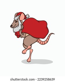 Concept of festive rat with bag behind back in hat and beard. Christmas vector illustration. Image of mouse isolated on white background. Rat walks on tiptoe. Cute design element.