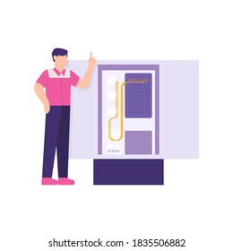 the concept of a fiber optic technician, IT and communications staff. illustration of male employee standing next to ODC or Optical Distribution Cabinet. maintenance and repair of machines. flat style