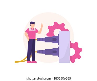 the concept of a fiber optic technician, IT and communications staff. Illustration of male employee standing and connecting fiber cable to the panel. maintenance and repair of machines. flat style